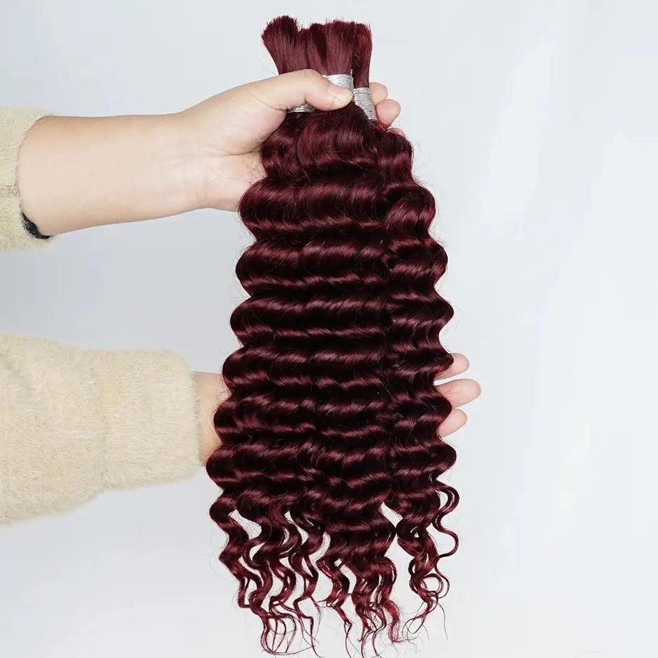 #99j Burgundy Human Hair Bulk for Braiding 16-24 inch Dark Wine Deep Wave Jerry Curly Boho Braids Hair Bulk Extension Bobbi Hair