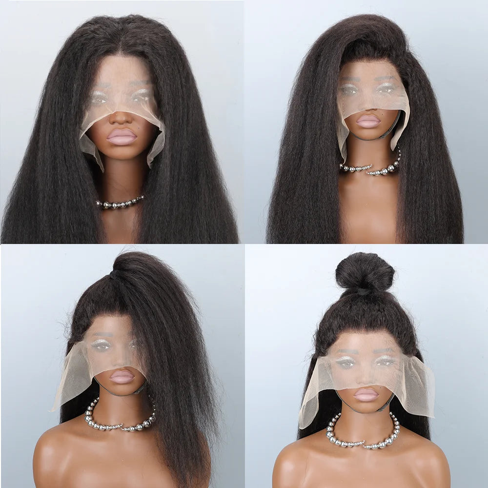 32inch Kinky Straight Human hair Wig 13X6 Transparent Lace Front Wigs Yaki Straight 180% Density Natural Black