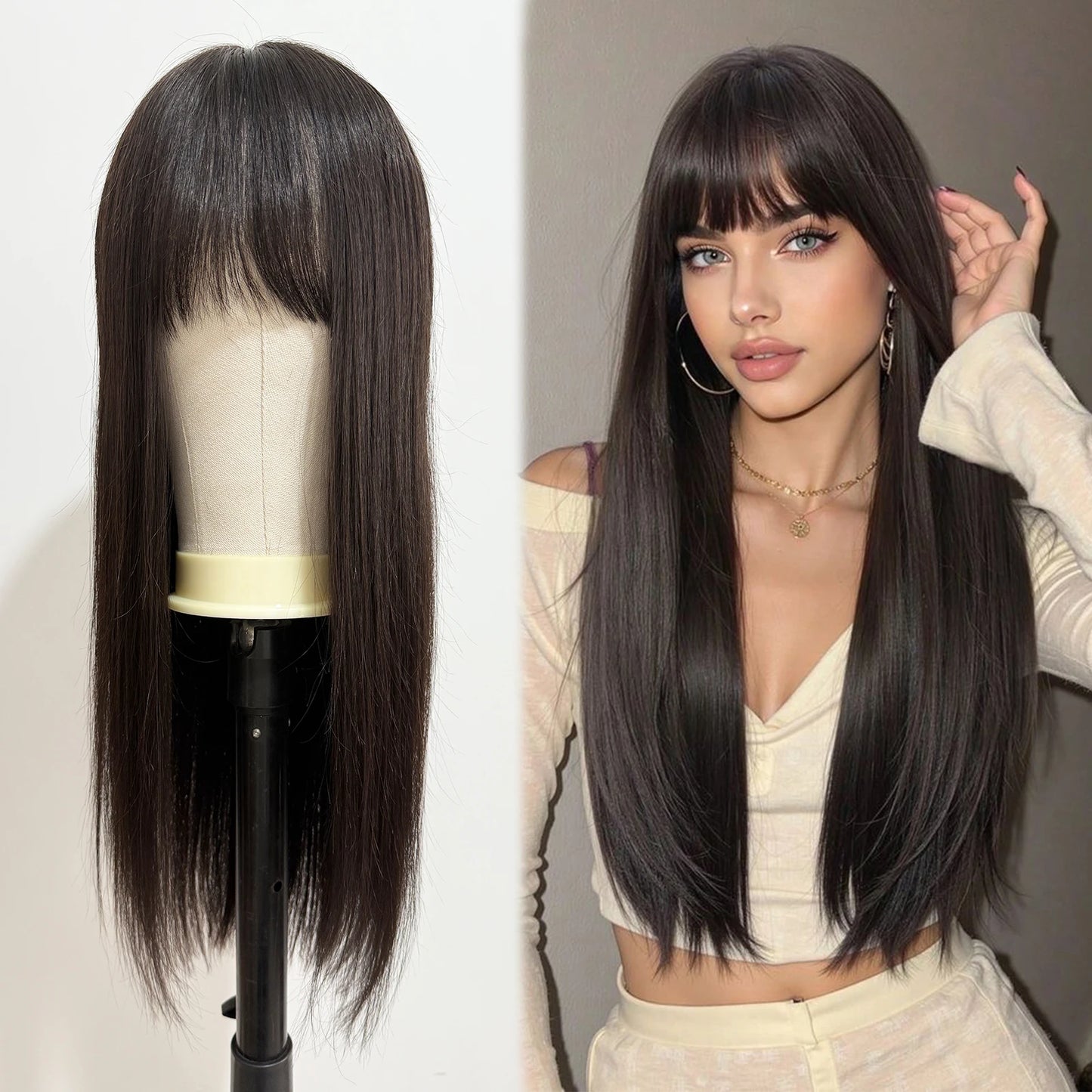 Real Virgin European Human Hair Wig with Bangs 6x6“ Silk Base Wig for Women 22” Bob Hair with PU Around Everyday Wear