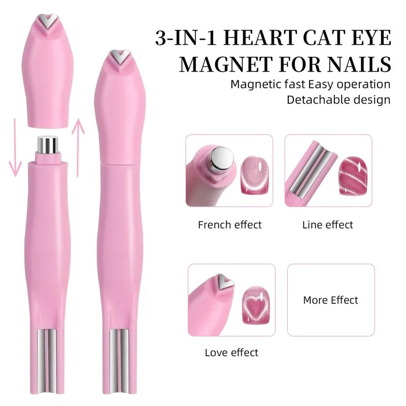 1Pcs 3-In-1 Heart Shape Cat Eye Nail Art Magnet Double Line Moon Snake Pattern French Nail Magnetic Pen Gel Polish Manicure Tool