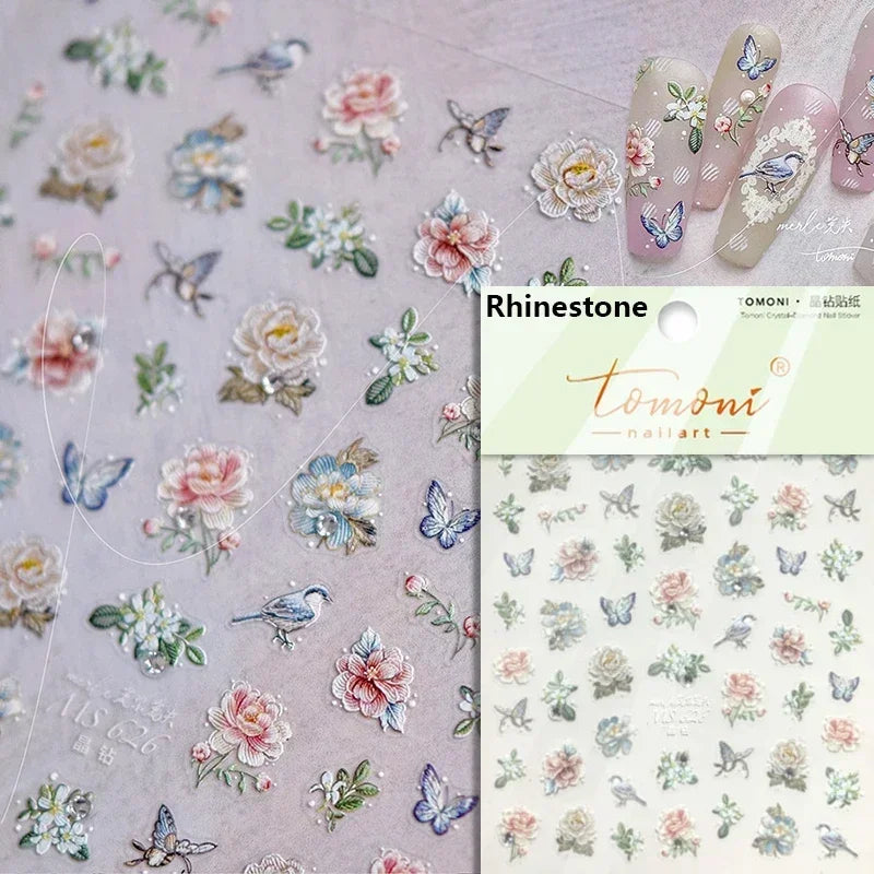 Yellow Autumn Osmanthus Flower Chrysanthemum Butterfly 5D Nail Art Sticker Chinese Character Vase Relief Adhesive Manicure Decal