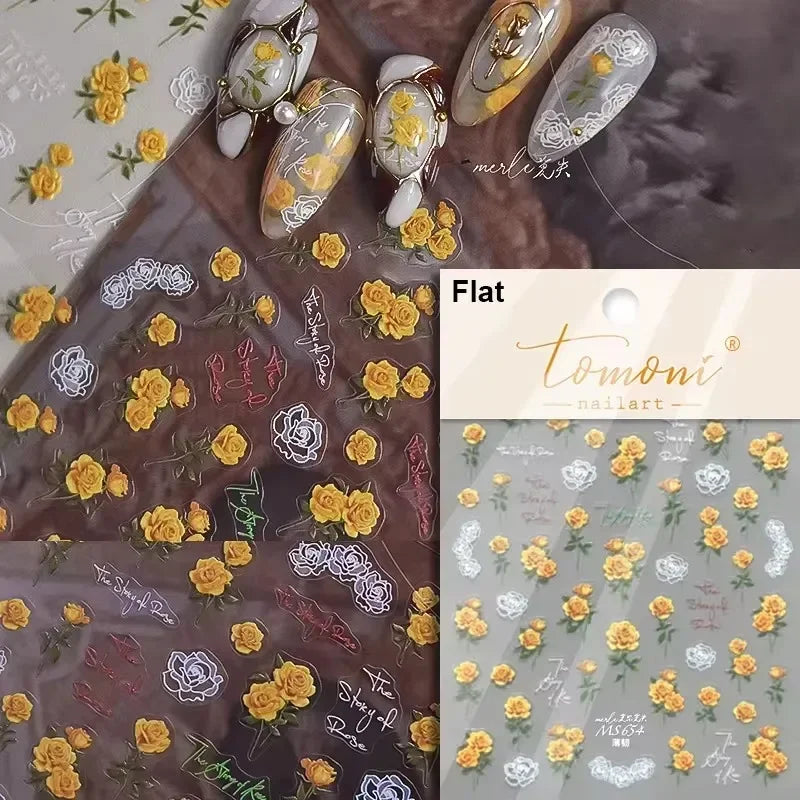 Yellow Autumn Osmanthus Flower Chrysanthemum Butterfly 5D Nail Art Sticker Chinese Character Vase Relief Adhesive Manicure Decal