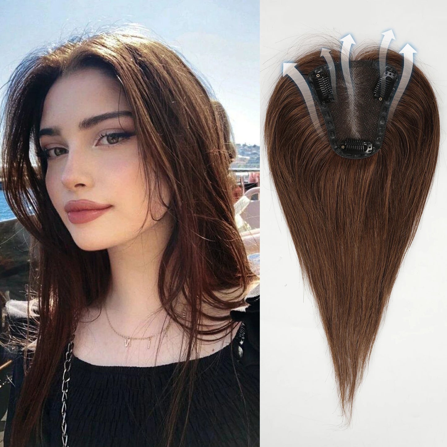 Women Human Hair Toppers Middle Part Ombre Light Brown Blonde Human Toupee Hair Pieces with Thinning Hair Base Clip in Toppers