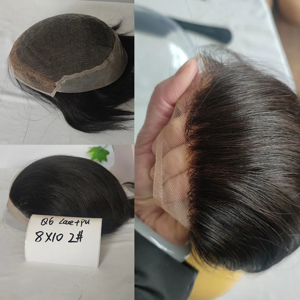 Human Hair Men Toupee Franch Lace Man's Hair Replacement System Wigs Mono Lace Hairpiece With PU Natural Black Color