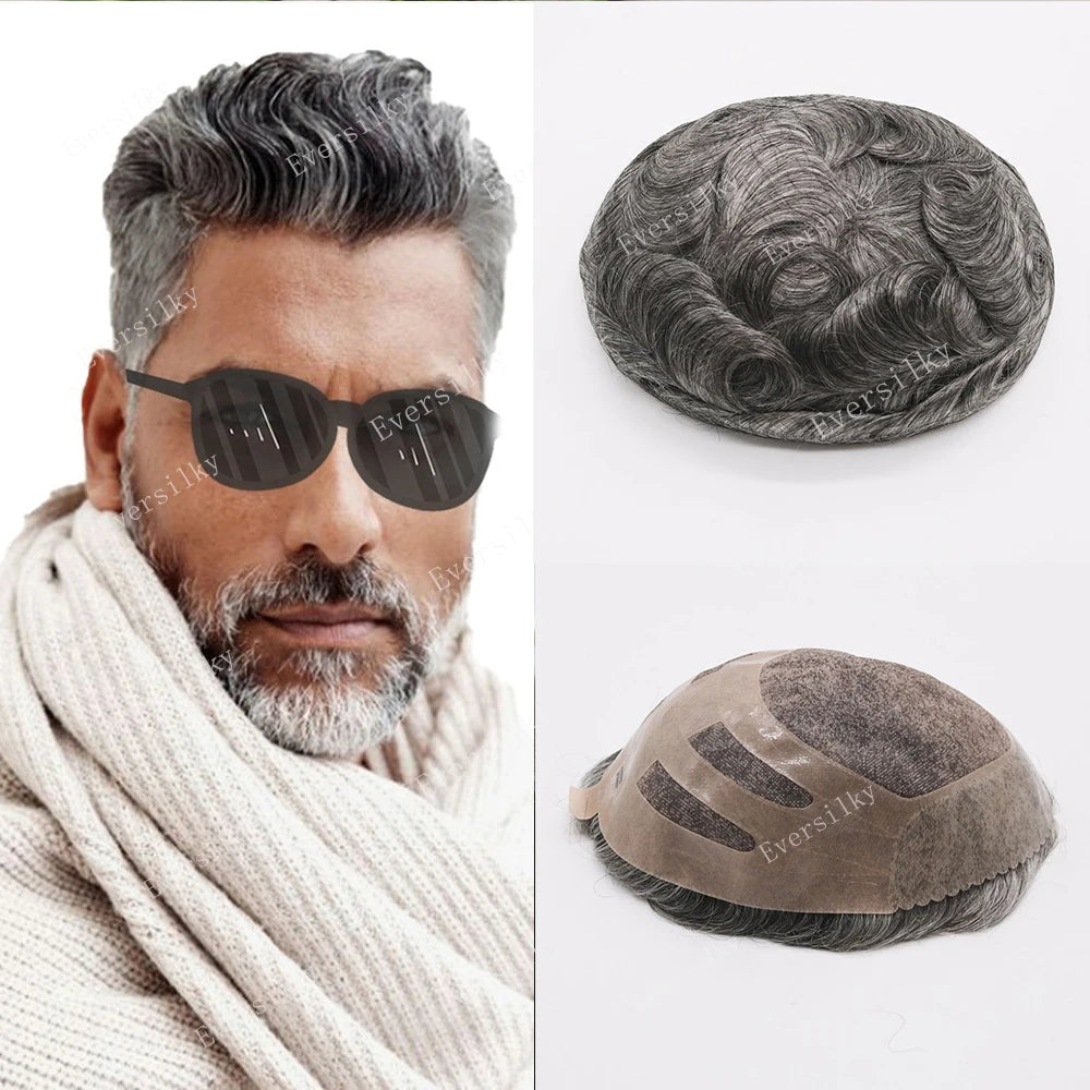 Realistic Men's Toupee Durable NPU Bond Gray Male Human Hair Prosthesis Capillary System Natural Hairline Comfortable Fine Mono
