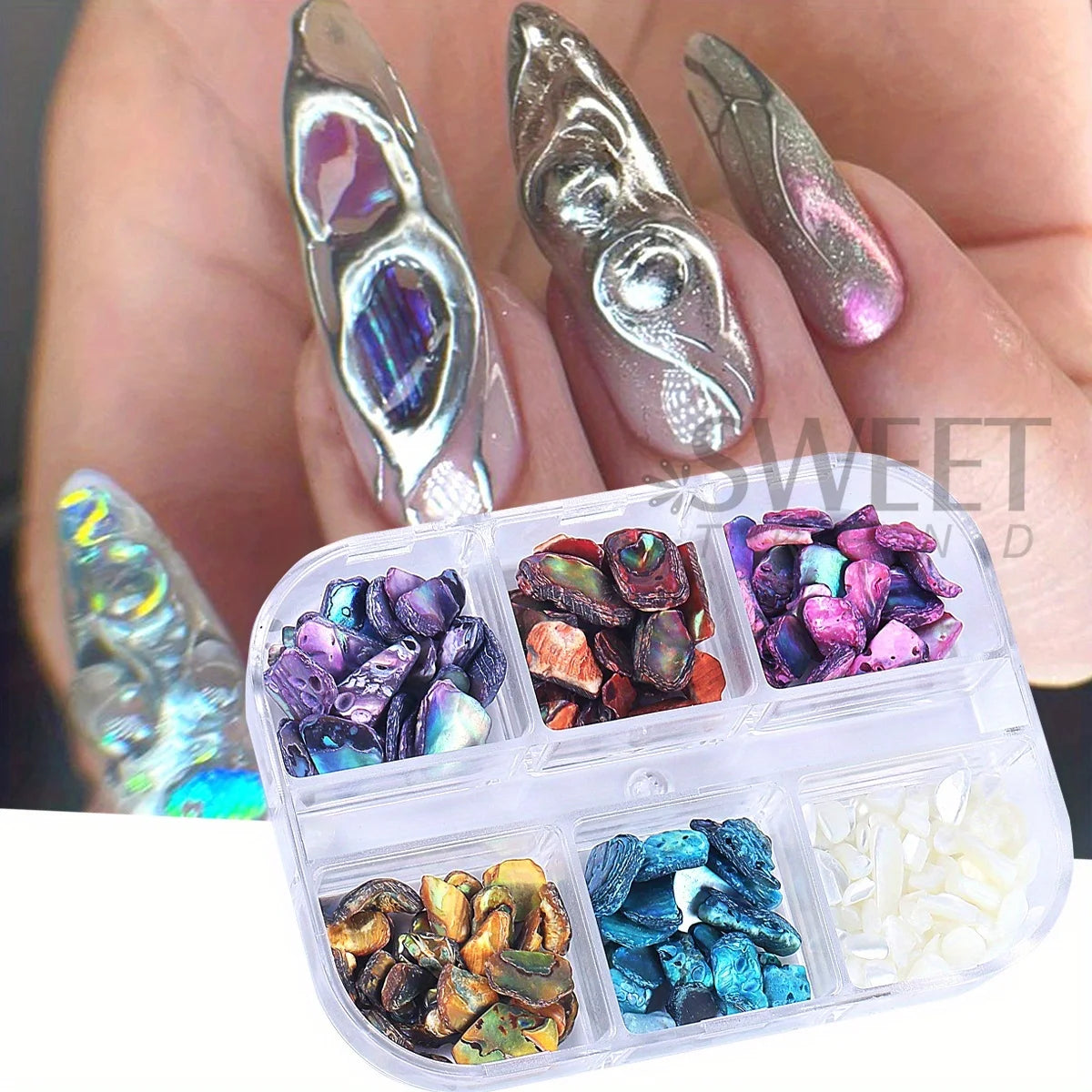 6Grids Natural Abalone Stone Nail Decoration Aurora Shell Pearl Effect Irregular Gemstone Luxury Retro Style Jewelry Accessories