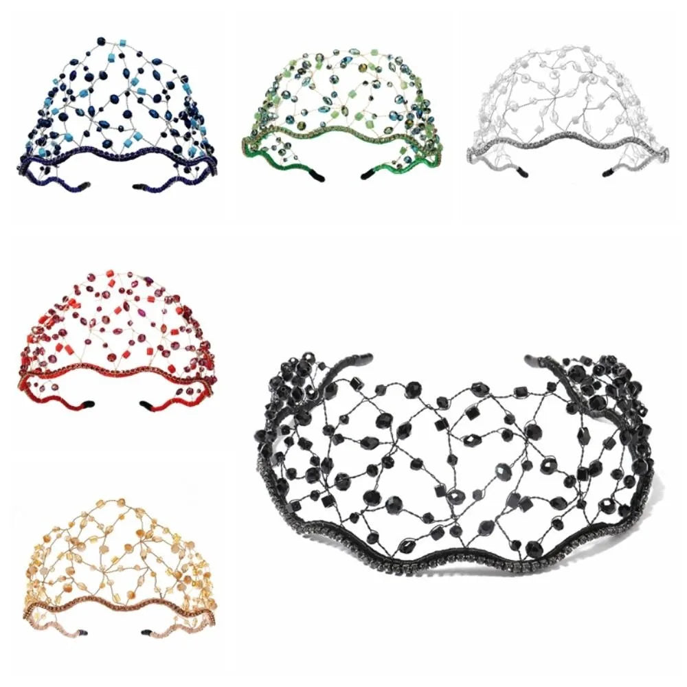 Handmade Crystal Beads Hair Net Crown Wedding Headpieces Hair Jewelry Sparkling Rhinestone Tiara Hair Hoop Elegant Headbands