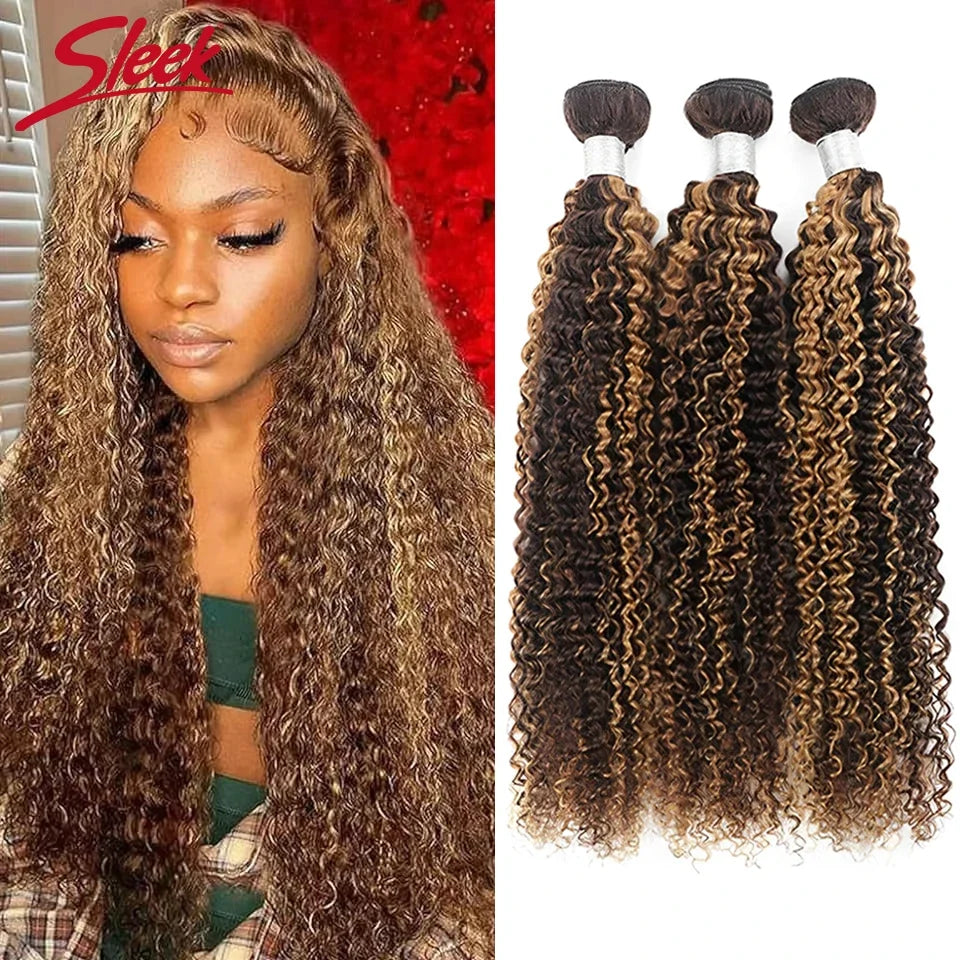 Sleek Highlight P4/27 Jerry Curly Human Hair Weave Bundles Kinky Curly Honey Blonde Brazilian100% Raw Human Hair Bundles