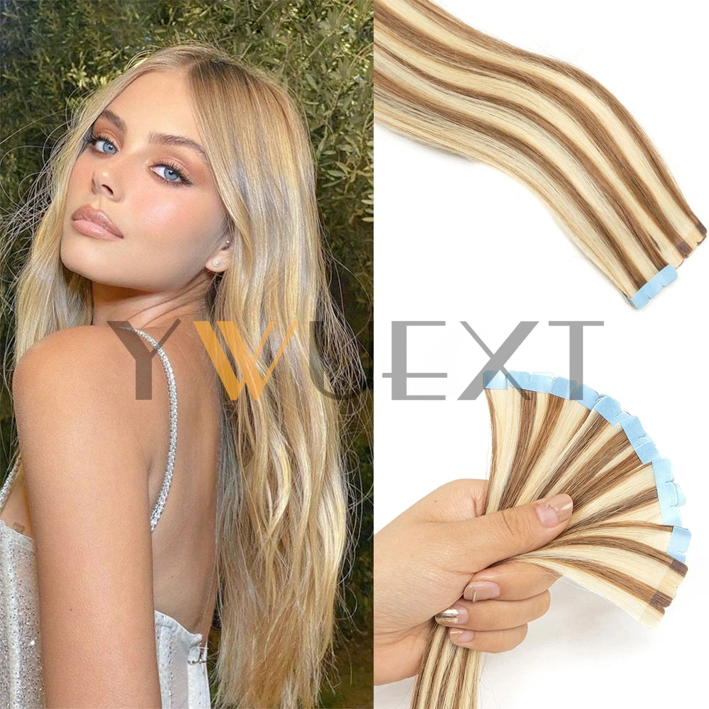 Mini Tape In Human Hair Extensions 12"-24" Machine Remy Skin Weft Adhesive Tape Hair Natural Black Brown Blonde Tape Ons 10pcs