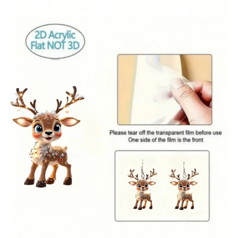 1 pair of cute and charming Christmas elk earrings, 2D acrylic cartoon earrings holiday gift