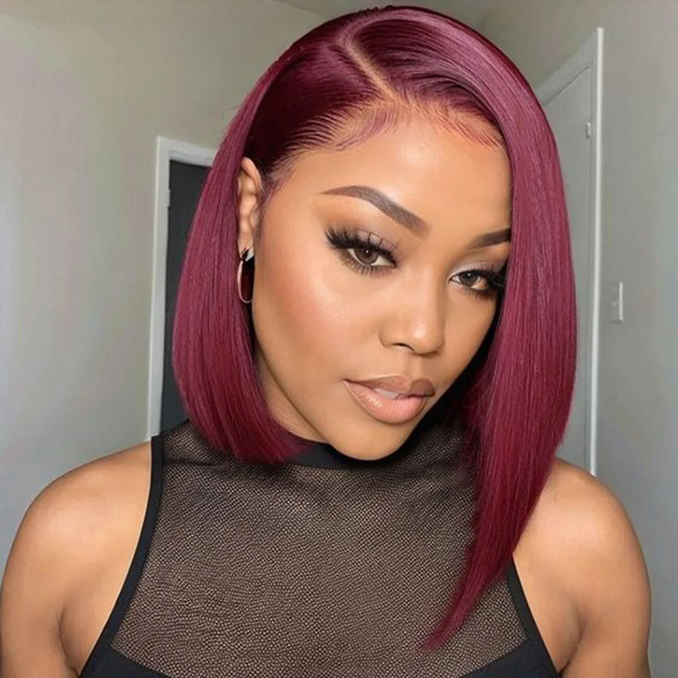 Bone Straight Short Bob Wig Human Hair Wigs For Women Burgundy 13X4 Lace Front Wigs 99J Bob Wig Brazilian Human Hair Pre Plucked