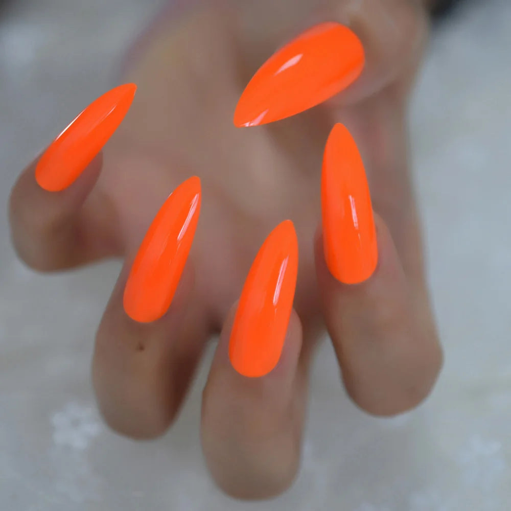 Neon Fake Nails Extremely Long Bright Orange Shiny Press On Nail Carnival Style Decoraion Manicure Tips Salon Nails 24