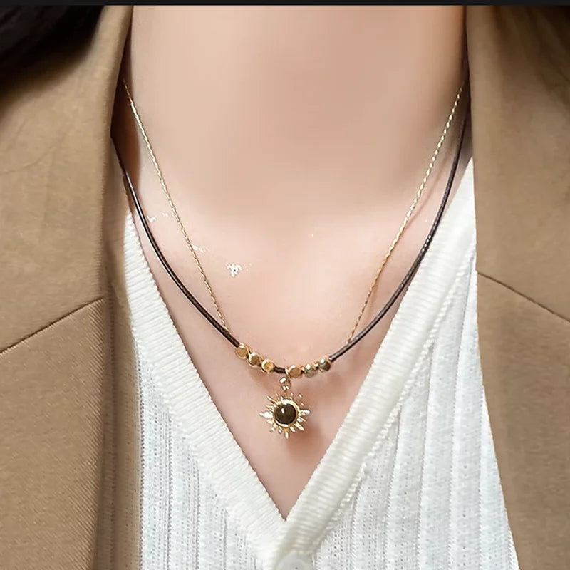 Bohemian Sun Star Zircon Necklace for Women Vintage Leather Necklace Double Layered Pendant Chain Choker Fashion Gem Jewelry