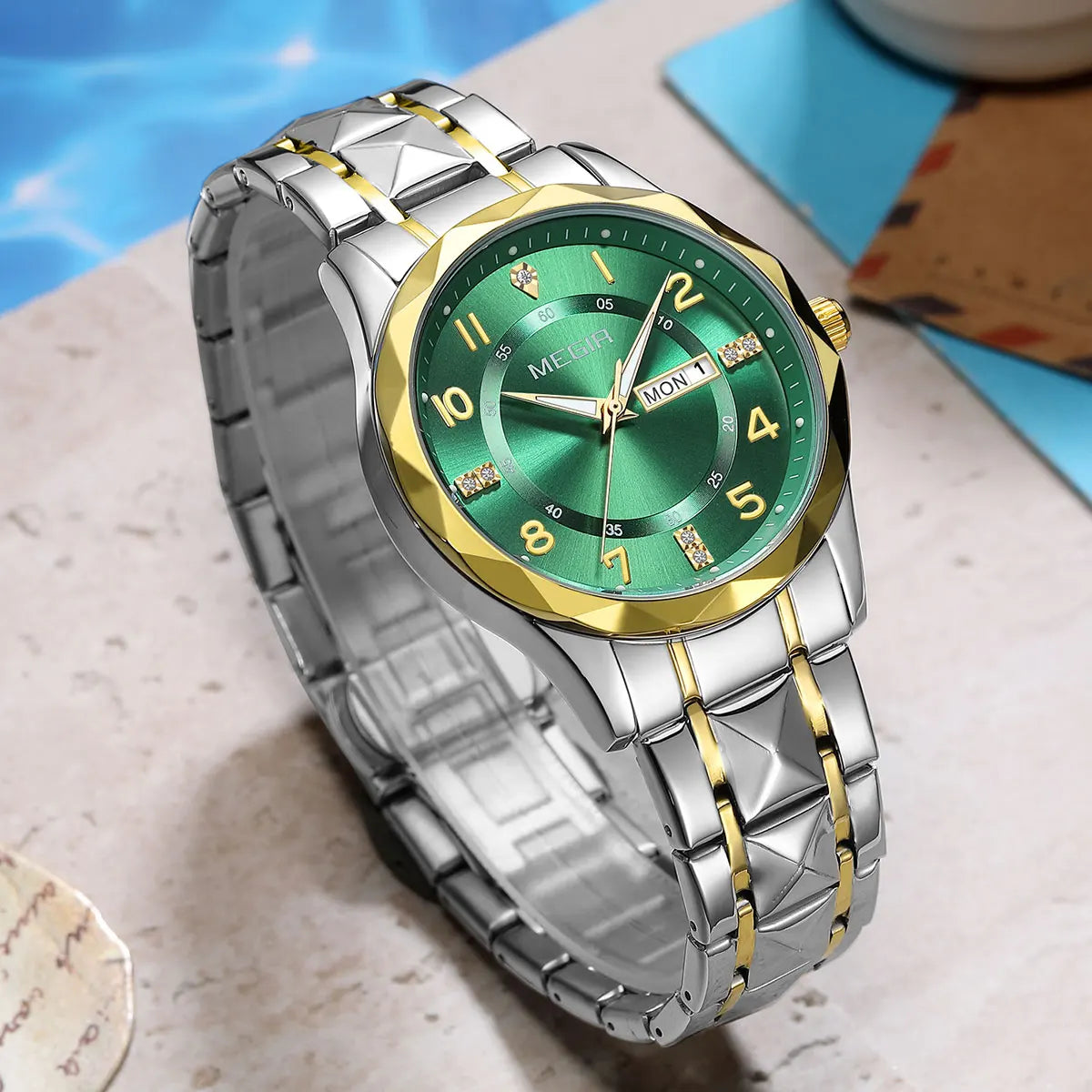 MEGIR Elegant Simple Style Men Quartz Watch with Date Day Display Fashion Stainless Steel Strap Alloy Case Ladies Wristwatch