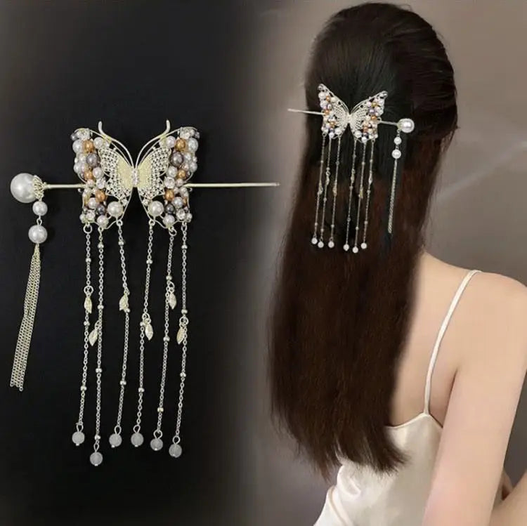 Luxury Pearl Butterfly Hairpin - Colored Alloy Hair Clip with Tassels