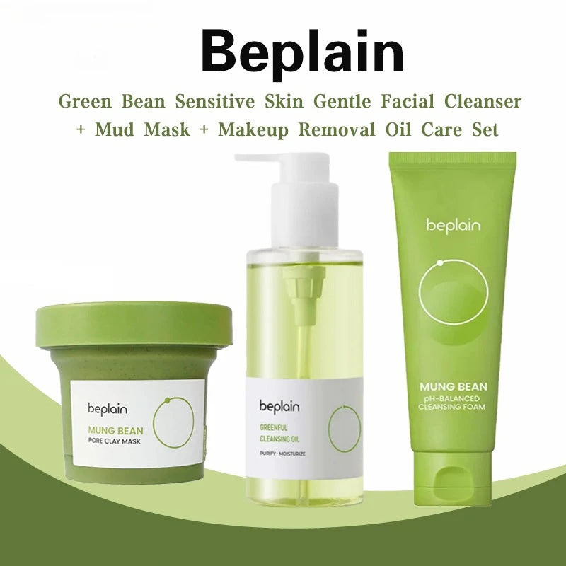 Brand New Beplain Green Bean Sensitive Skin Gentle Facial Cleanser+Mud Mask+Makeup Removal Oil Care Set