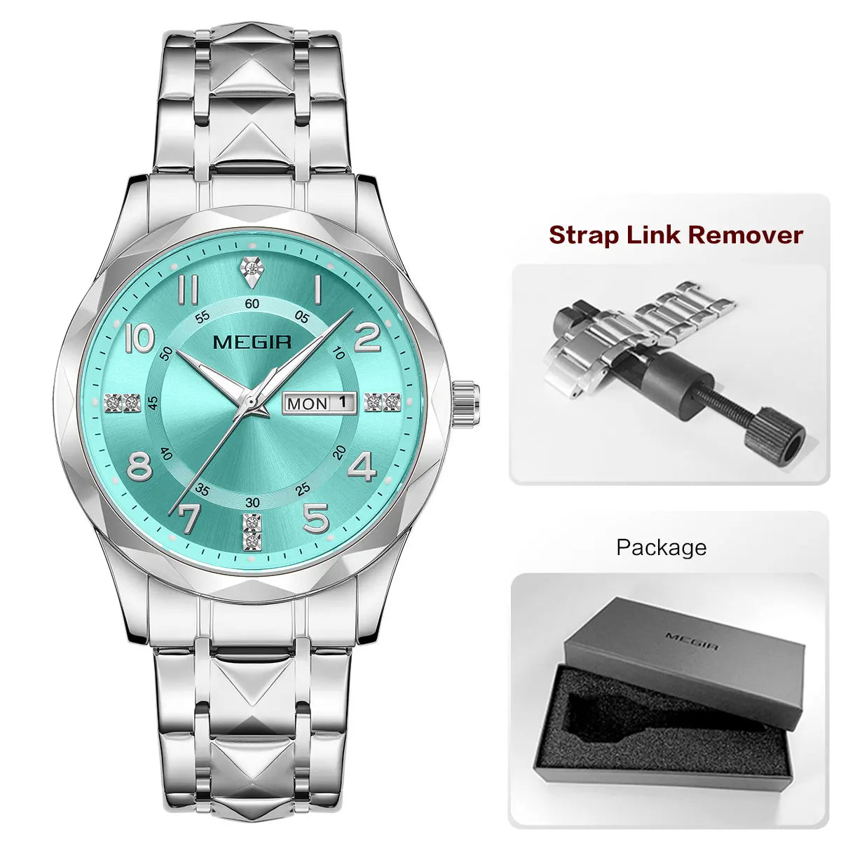 MEGIR Elegant Simple Style Men Quartz Watch with Date Day Display Fashion Stainless Steel Strap Alloy Case Ladies Wristwatch