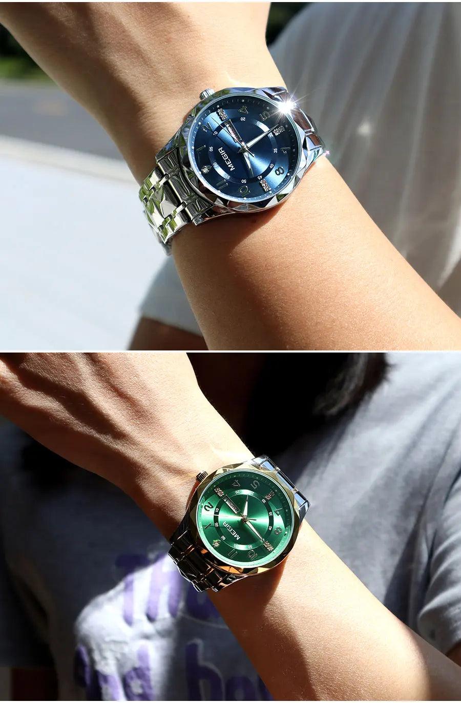 MEGIR Elegant Simple Style Men Quartz Watch with Date Day Display Fashion Stainless Steel Strap Alloy Case Ladies Wristwatch