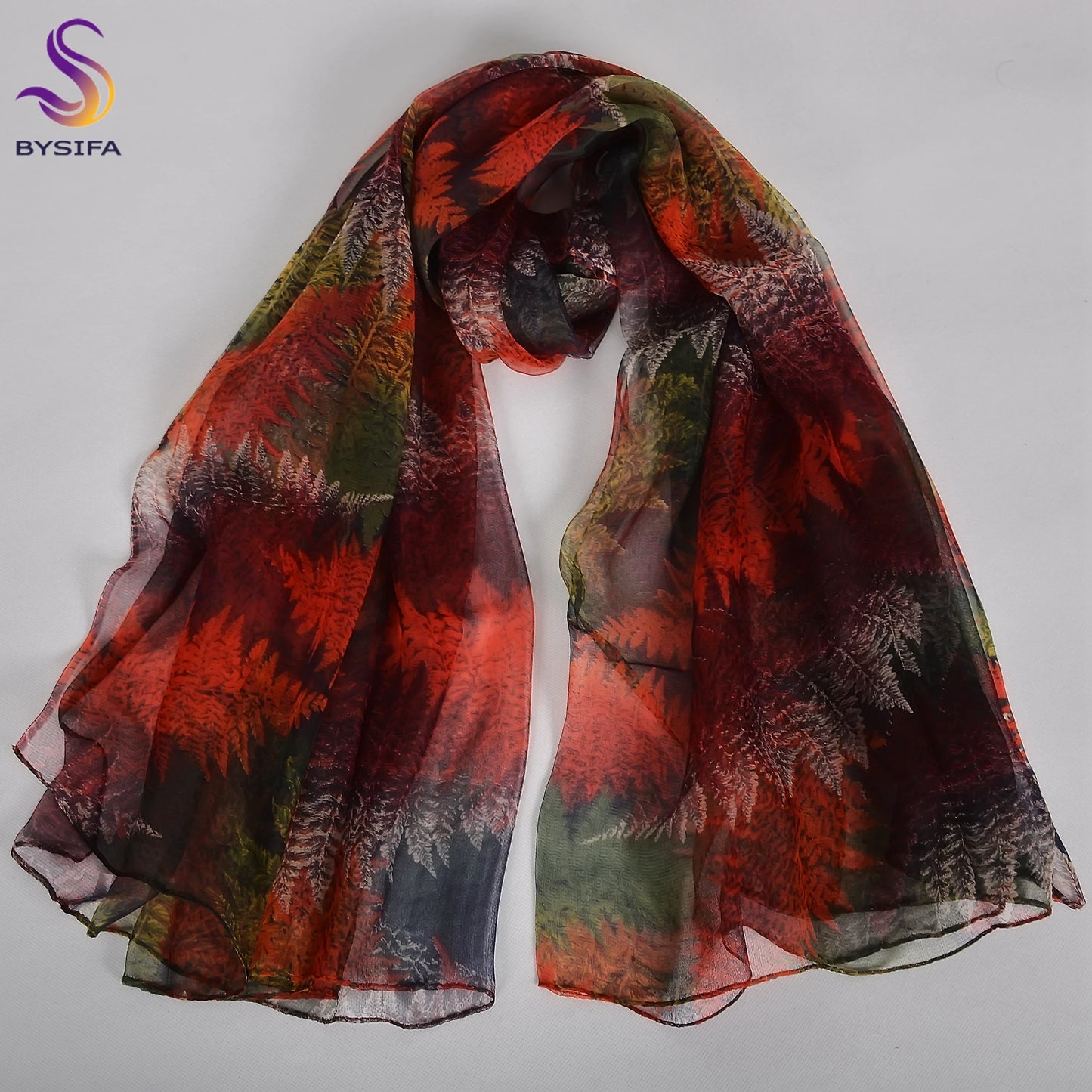 [BYSIFA] Red Black Women Long Silk Scarf Printed 170*105cm Fashion Leaves Pattern Brand 100% Pure Silk Shawl For Spring Autumn