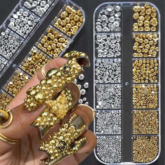 12 Grids 3D Golden Silvery Half Round Caviar Bead Nail Charms 1-5mm Flatback Micro Balls Punk Nail Beads DIY Manicure Beads Deco