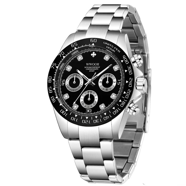 WWOOR 2024 New Mens Watches Top Brand Quartz Japanese Chronograph Stopwatch Waterproof Stainless Wristwatches Relogio Masculino