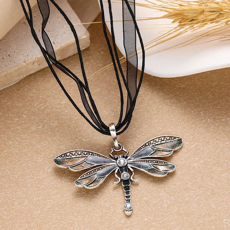 Fashion Crystal Dragonfly Pendant Necklaces for Women Vintage Insect Multi Layers Rope Necklace Jewelry Thanksgiving Gift