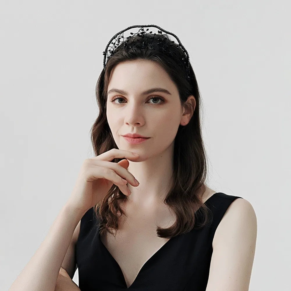 Handmade Crystal Beads Hair Net Crown Wedding Headpieces Hair Jewelry Sparkling Rhinestone Tiara Hair Hoop Elegant Headbands