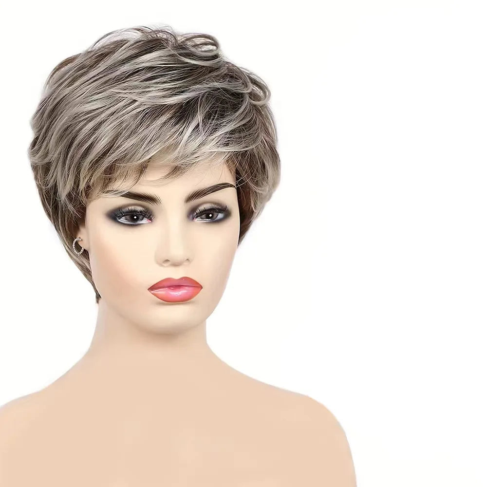 Short Synthetic Wig for Women Mixed Brown And Blonde Hair with Bangs Easy Care Non-Damaging Hairpiece