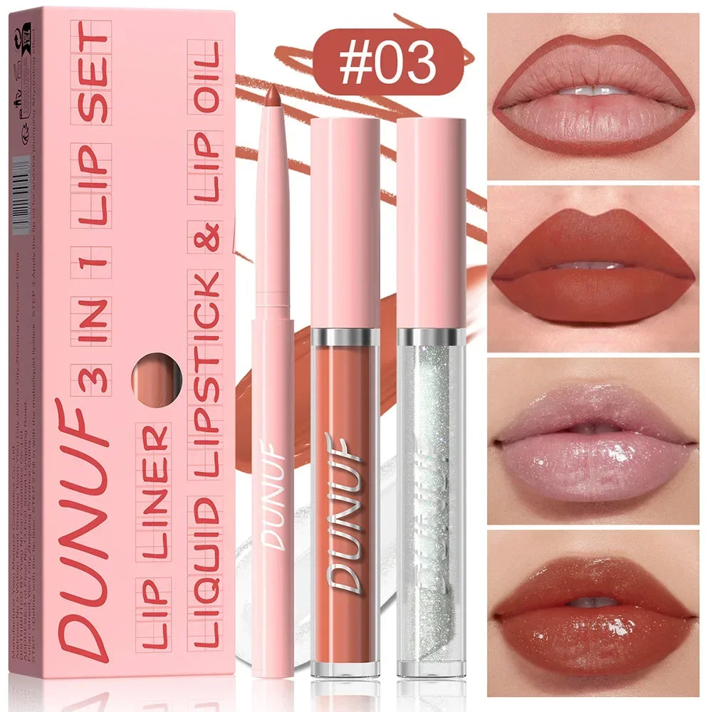 DUNUF 3 In 1 Matte Lipglaze Lip Liner Moisturize Clear Lip Oil Set Cosmetics Waterproof Long lasting Plumer Mirror Lips Gloss
