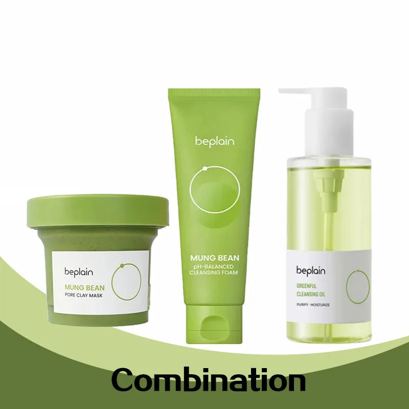 Brand New Beplain Green Bean Sensitive Skin Gentle Facial Cleanser+Mud Mask+Makeup Removal Oil Care Set