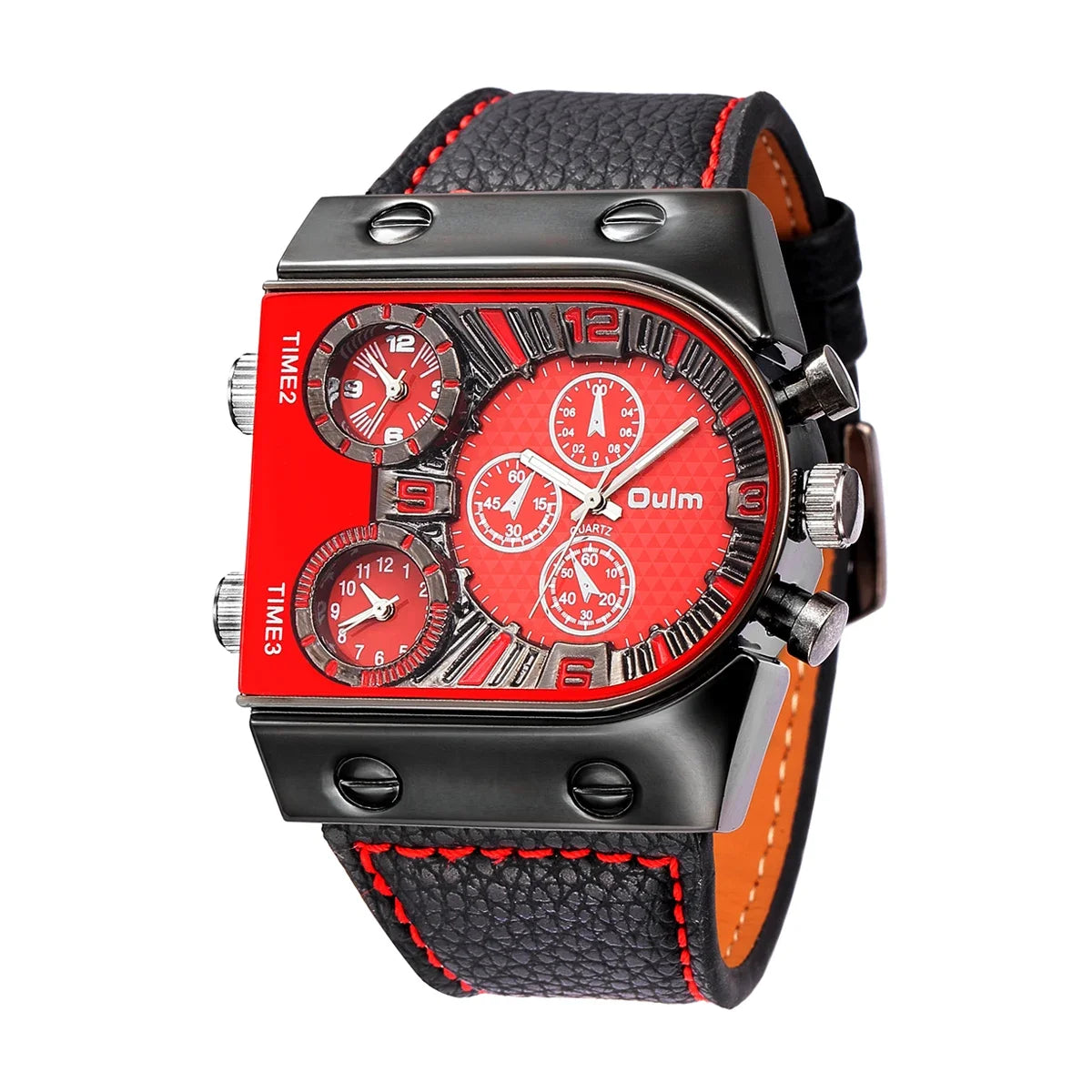 Oulm 9315 Men's Three Time Zone Watch Casual Leather Strap Wristwatch Unique Design Outdoor Sports Male Clock Watches