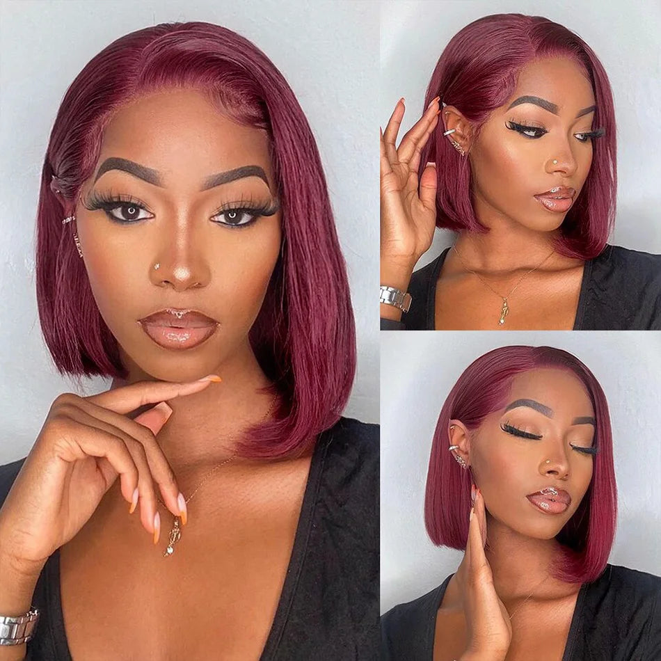 Bone Straight Short Bob Wig Human Hair Wigs For Women Burgundy 13X4 Lace Front Wigs 99J Bob Wig Brazilian Human Hair Pre Plucked