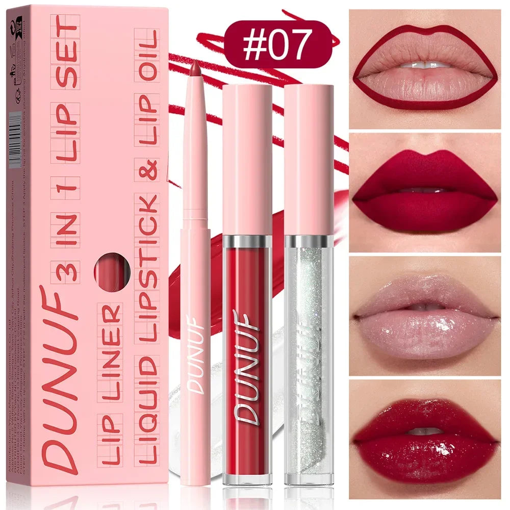 DUNUF 3 In 1 Matte Lipglaze Lip Liner Moisturize Clear Lip Oil Set Cosmetics Waterproof Long lasting Plumer Mirror Lips Gloss