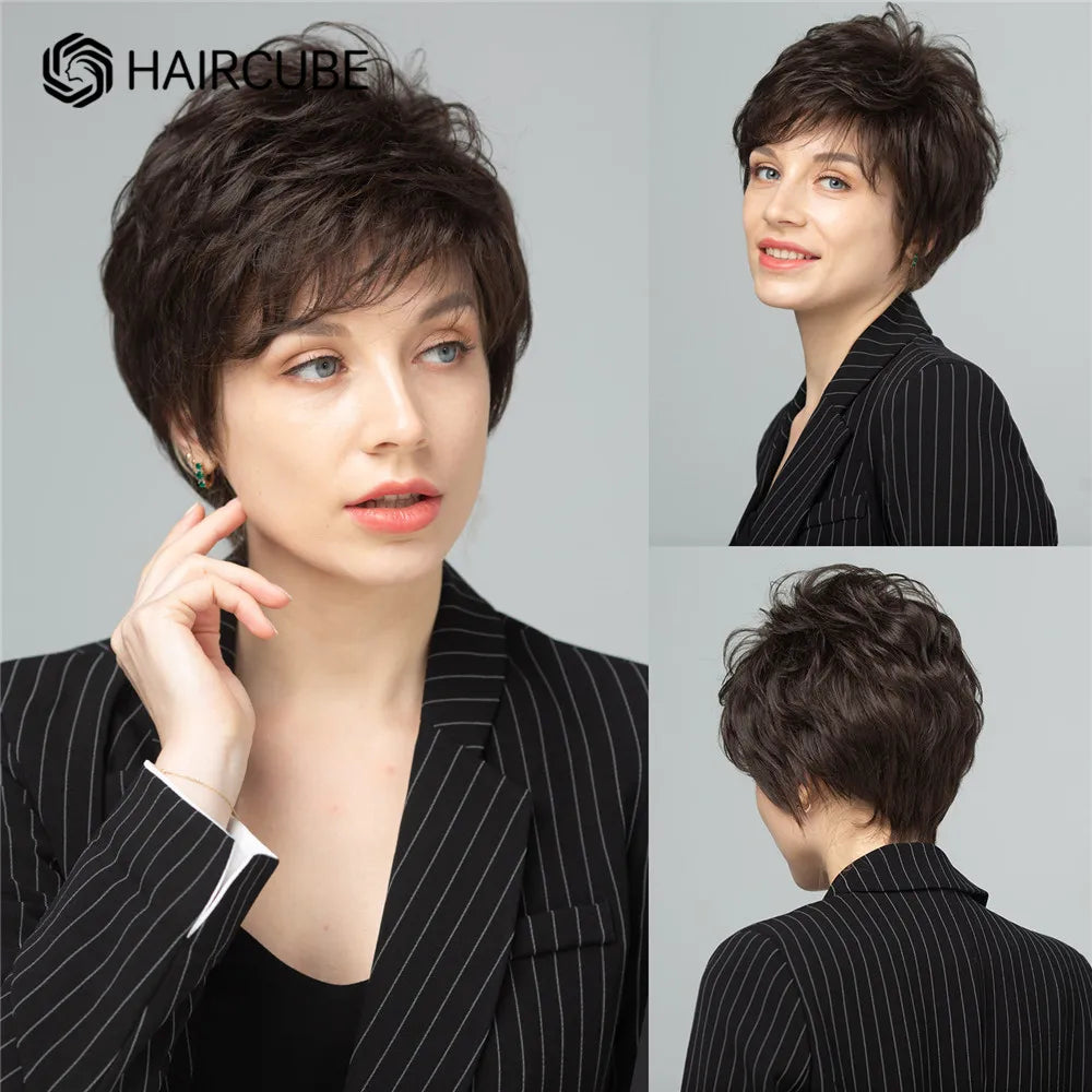 Short Pixie Cut Silvery Gray Blend Hair Wigs for Women with Bangs Ash Natural Straight Layered Human Hair Mixed Synthetic Fiber