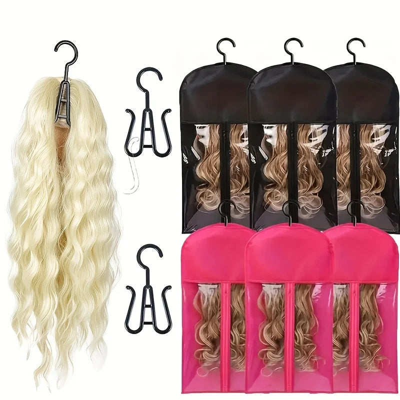 3pcs Wig Storage Set with Hooks Transparent Dust Bags Non-Woven Moisture-Proof Cover for Wigs Hairpieces Organizer Holder