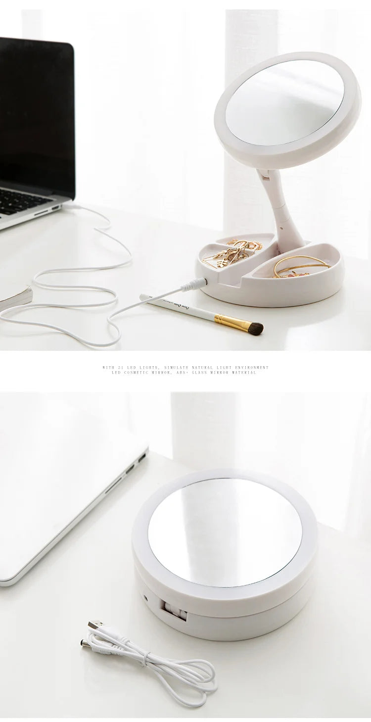 Dry Battery/USB Dual Purpose Double-Sided Mirror LED Makeup Mirror Portable Makeup Mirror Makeup Light With 10XMagnification