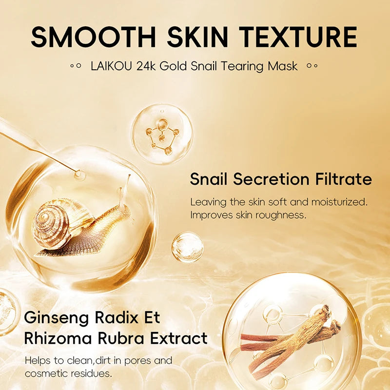 LAIKOU 50/80g 24K Gold Snail Tearing Mask Deep Cleansing Tighten Pores Firming Skin Oil-Control Whitening Moisturizing Skin Care