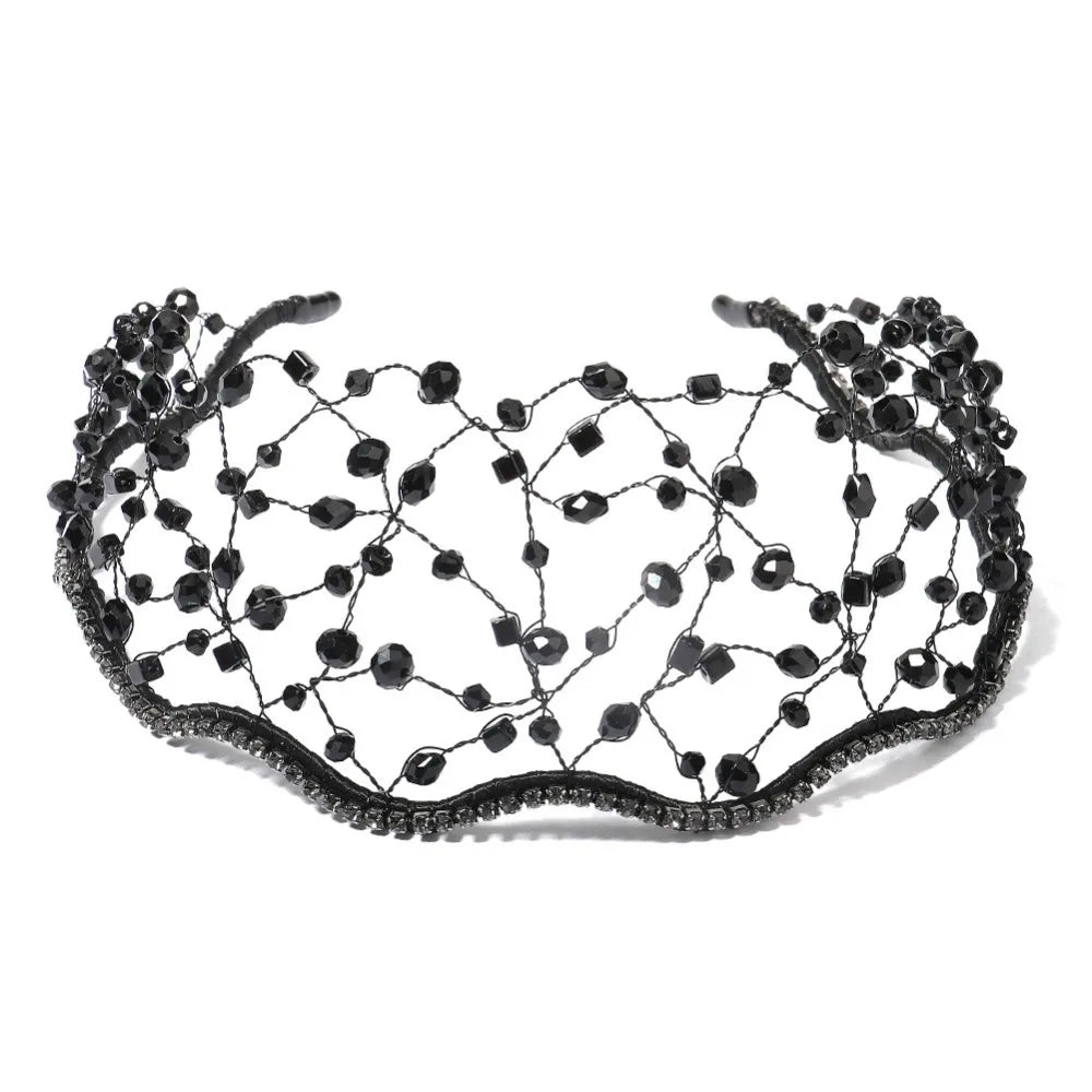 Handmade Crystal Beads Hair Net Crown Wedding Headpieces Hair Jewelry Sparkling Rhinestone Tiara Hair Hoop Elegant Headbands