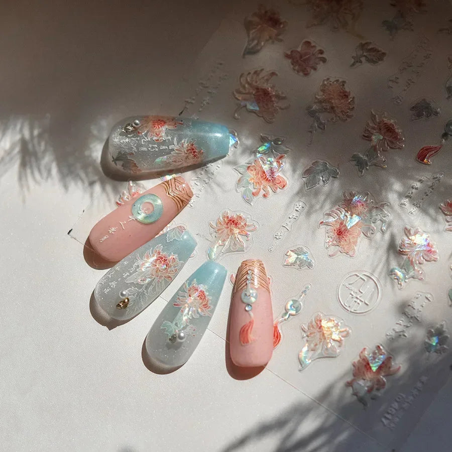 Yellow Autumn Osmanthus Flower Chrysanthemum Butterfly 5D Nail Art Sticker Chinese Character Vase Relief Adhesive Manicure Decal