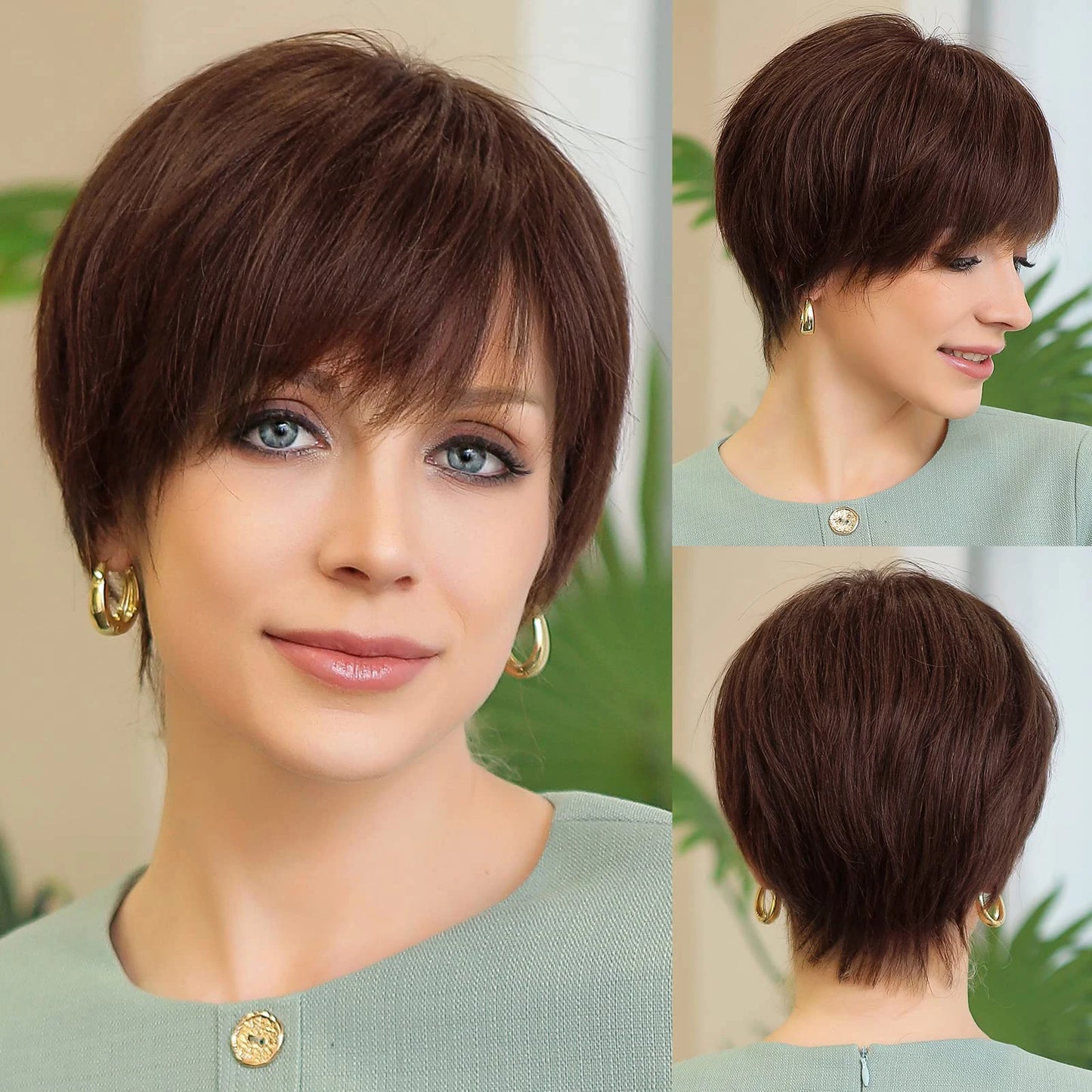 Lace Front Wigs Ombre Light Brown Remy Human Hair Ash Brown Pixie Cut Hairs with Bang Short Straight Wig for Women Bob Human Wig