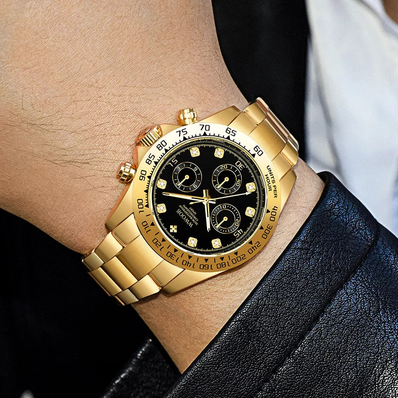 WWOOR 2024 New Mens Watches Top Brand Quartz Japanese Chronograph Stopwatch Waterproof Stainless Wristwatches Relogio Masculino