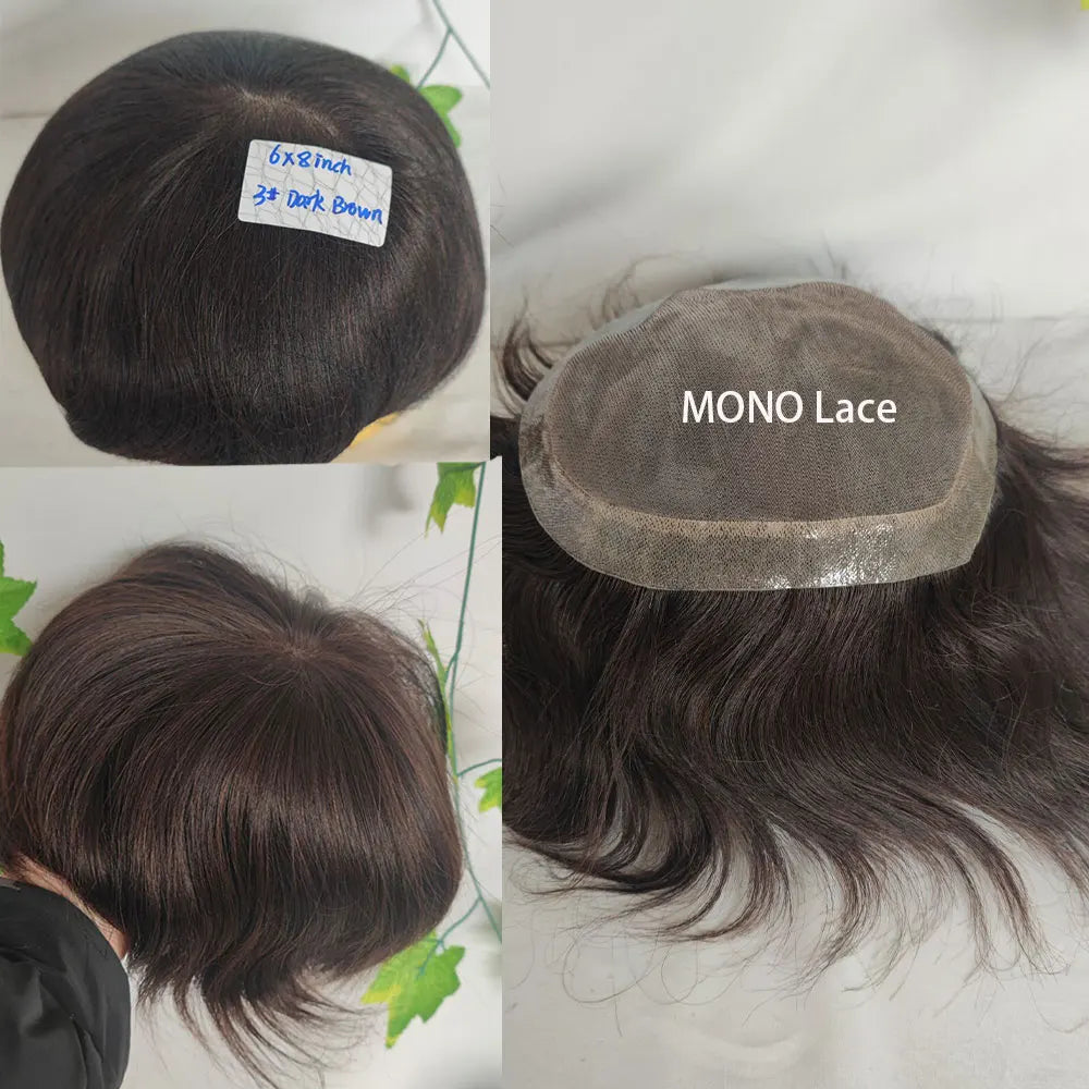 Human Hair Men Toupee Franch Lace Man's Hair Replacement System Wigs Mono Lace Hairpiece With PU Natural Black Color