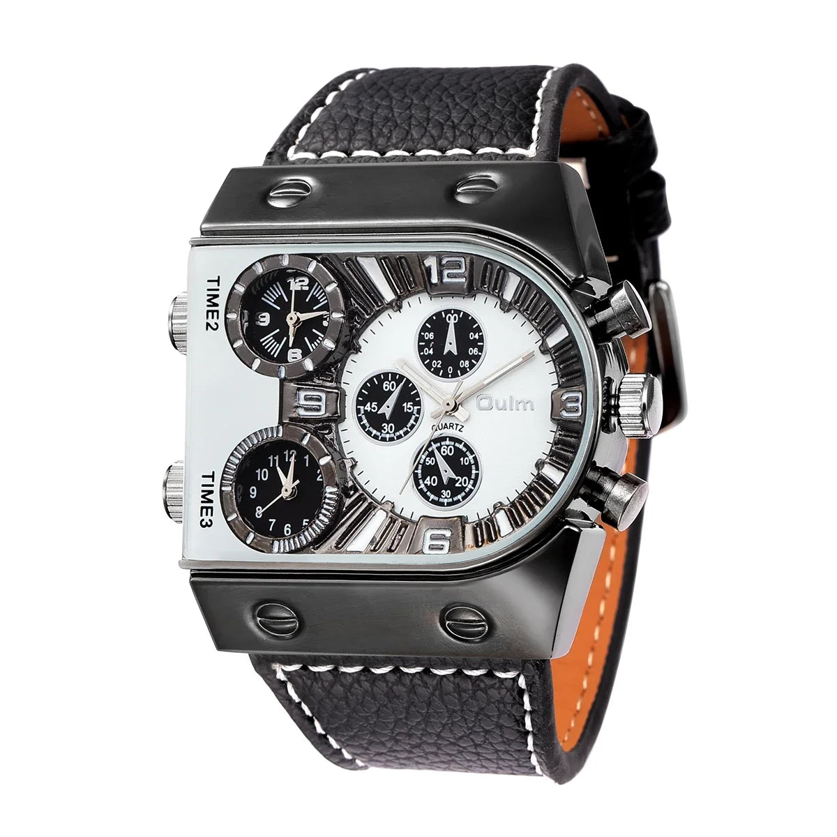Oulm 9315 Men's Three Time Zone Watch Casual Leather Strap Wristwatch Unique Design Outdoor Sports Male Clock Watches