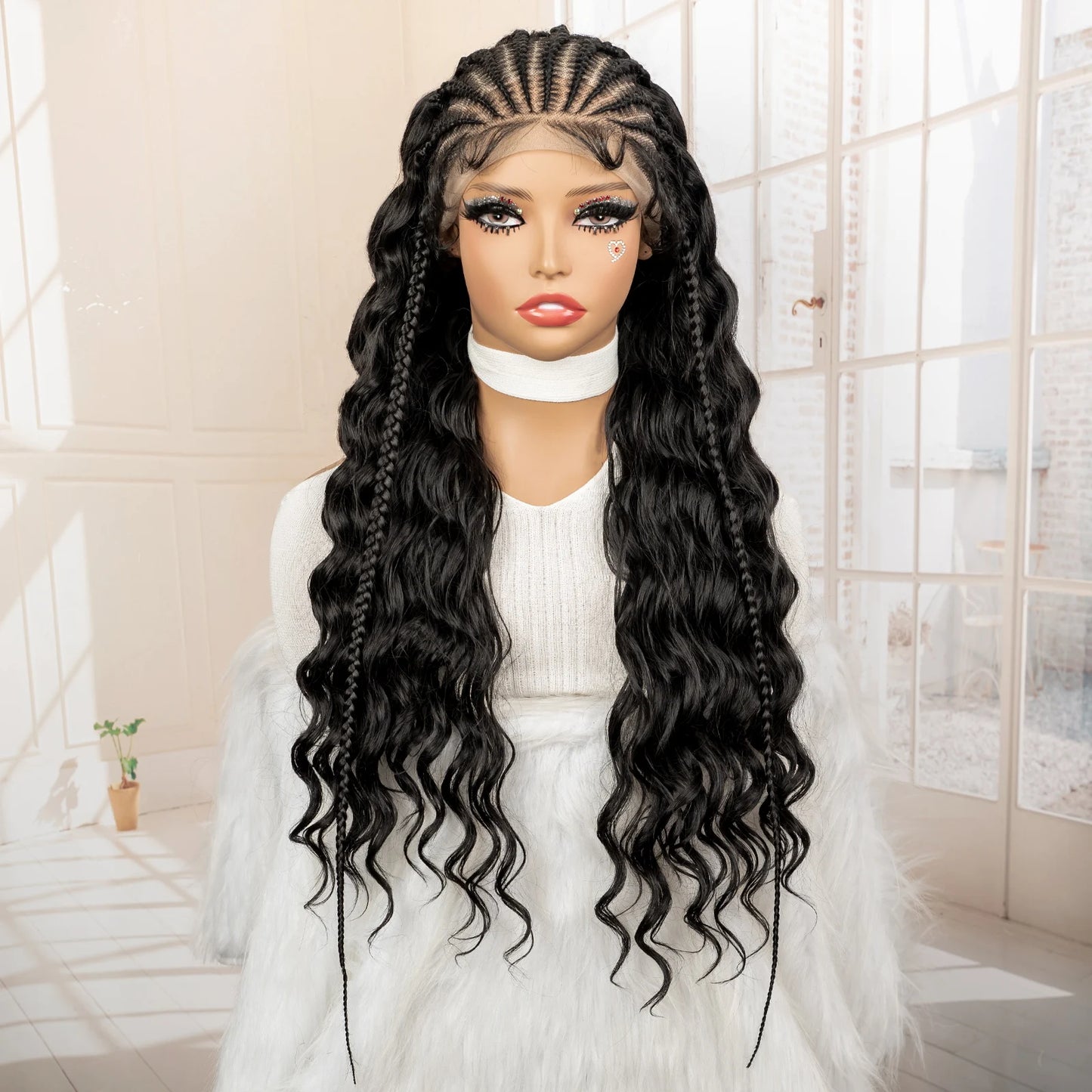 Synthetic Black Hair Wig with Braids for Women 28 Inch Wavy Natural Looking Synthetic Heat Resistant Fiber Wig for Daily Use