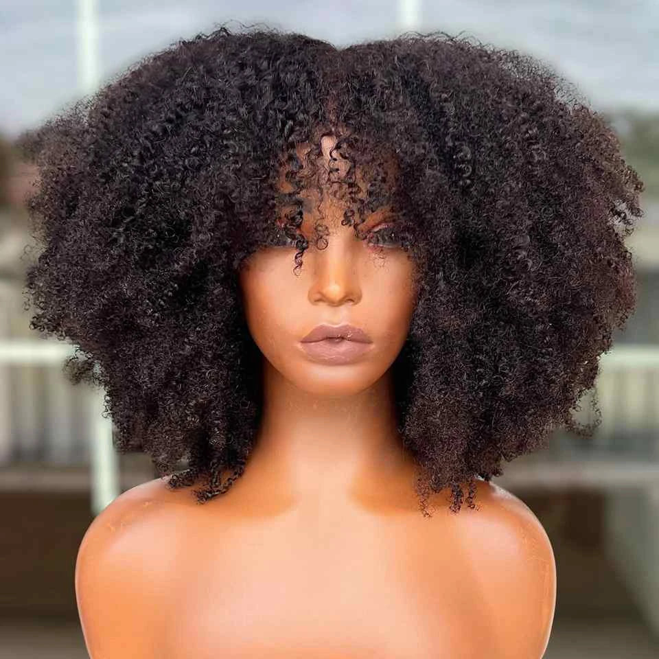 99J Short Afro Kinky Curly Bob with Bangs - Burgundy Glueless Human Hair