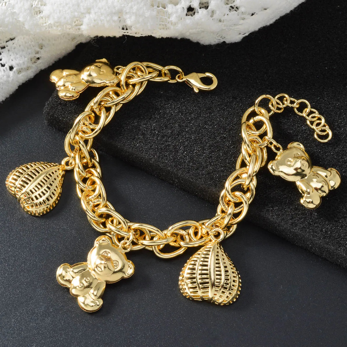 Cute Bear Heart Lock Matching Bracelets Set for Girls Teens Gold Plated Adjustable Bangle Best Friend Gift for Party