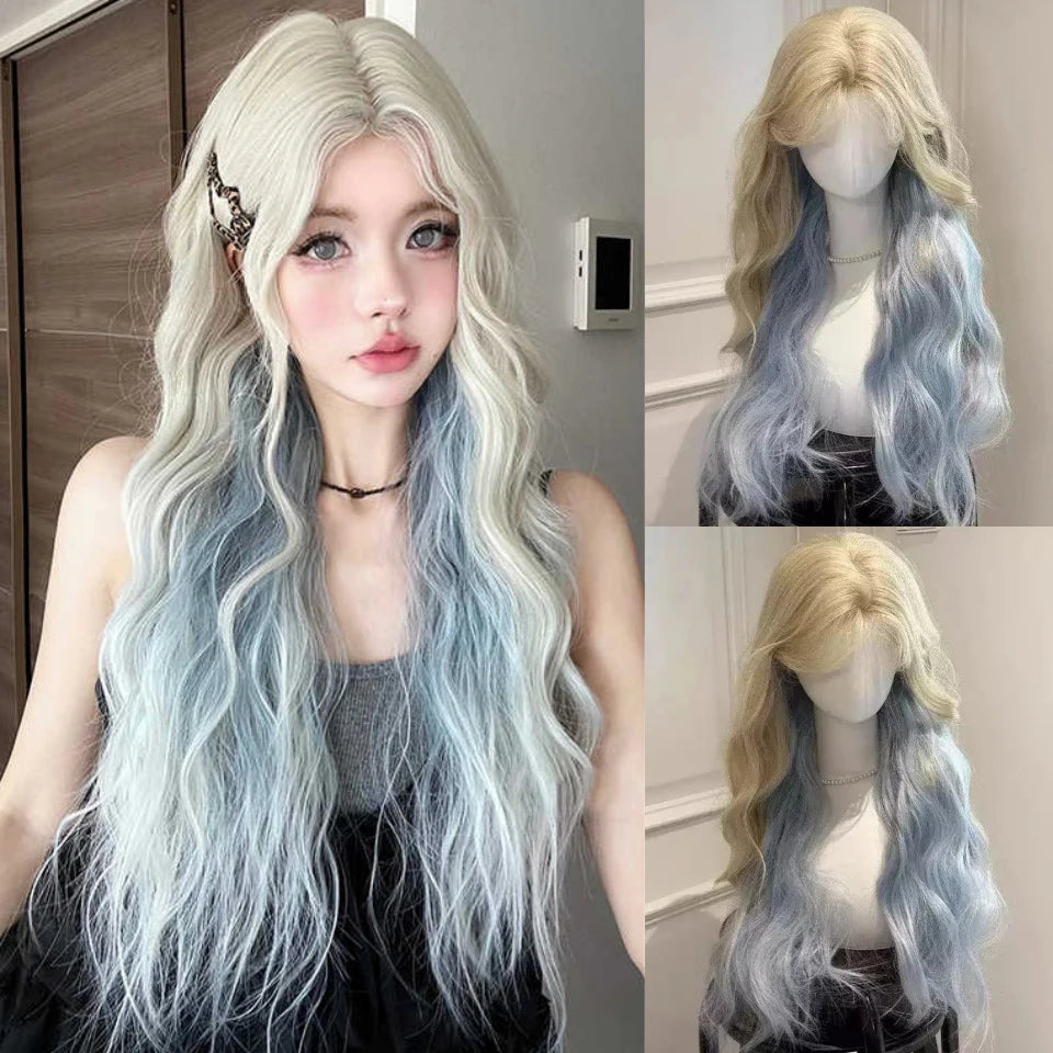 Platinum Blue Gradient Long Curly Wig - Heat Resistant Synthetic Cosplay