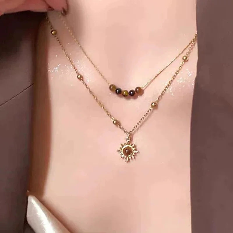Bohemian Sun Star Zircon Necklace for Women Vintage Leather Necklace Double Layered Pendant Chain Choker Fashion Gem Jewelry