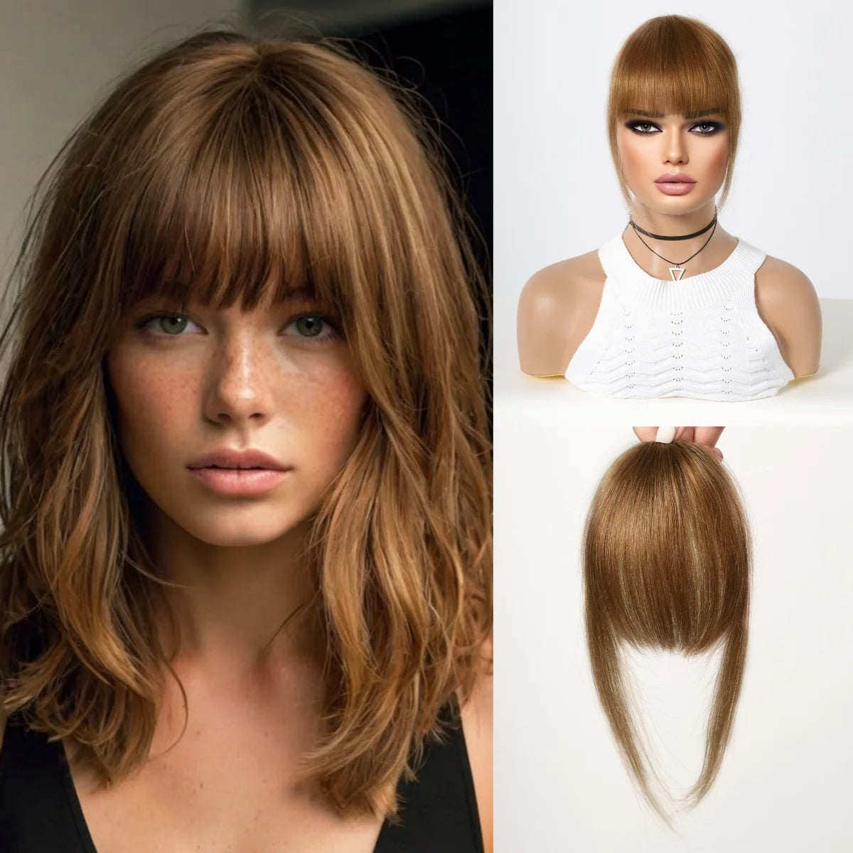 Clip in Bangs Hair Pieces Blonde Bangs Clip in Bangs Natural Color Fringe with Temple Real Human Hair for Women Easy Wear