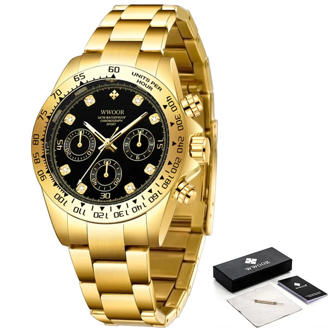 WWOOR 2024 New Mens Watches Top Brand Quartz Japanese Chronograph Stopwatch Waterproof Stainless Wristwatches Relogio Masculino